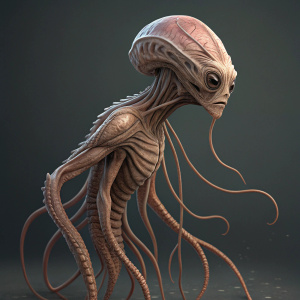 Digital illustration of a Grindylow from the Harry Potter series. The character has an alien-like appearance with a smooth, sculpted body and long, thin tentacle-like appendages. The body and tentacles are colored in a brownish hue with intricate vein-like patterns. The illustration is rendered on a dark, neutral grey background using advanced digital 3D rendering techniques.
