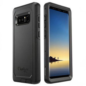 OtterBox Defender Series case for Samsung Galaxy Note8, rugged design, black color, shock-absorbent lining, adjustable viewing stand. Shot against a plain white background.