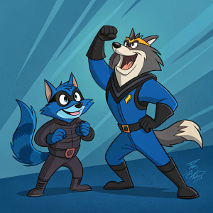 Cartoon illustration of Razor and T-Bone from Swat Kats. Digital painting style with vibrant blue and dark tones