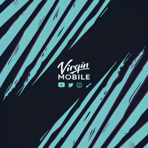 Spanish language advertisement for Virgin Mobile. A vibrant design featuring red and black stripes, company logo, and social media icons.