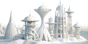 White illustration,  Wes Anderson style, 
 structural aesthetics, collage of many complex metal architectures, with lighthouse, the bigest ocean and huge sky, white, more clear background, gain paper