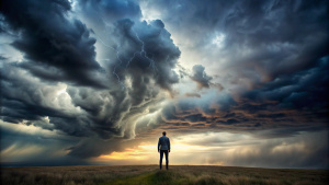 Lone figure standing, ominous stormy sky.