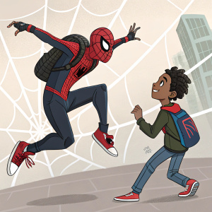 Storyboard art featuring Miles Morales and Peter Parker from Spider-Verse. Miles in dynamic poses, interacting with key plot elements.
