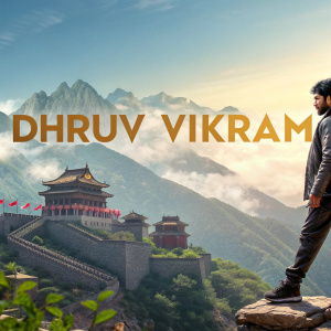 Film promotional art featuring Dhruv Vikram. Mountainous terrain with traditional Chinese architecture. Bright color scheme with dynamic text.