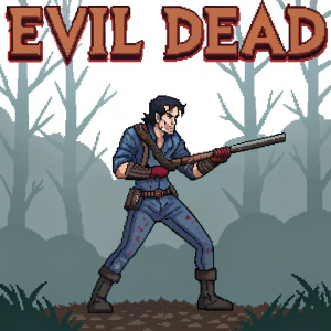 Pixelated art of a video game scene. The screen shows a character from the Evil Dead series, wielding a long weapon, in a battle-ready stance. The background is a simple forest. The title 'Evil Dead' is displayed at the top of the image.