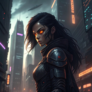 Digital art showcasing Alita Battle Angel. Dark cyberpunk cityscape. Glowing orange eyes and long black hair. Outfit combines armor and futuristic tech.