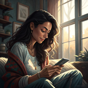 Candid shot of a vibrant young Latina woman, mid-thirties, with relaxed long dark hair, engrossed with her smartphone. Softly lit indoor setting with large window casting natural light