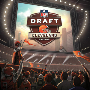 NFL Draft event at an arena. Large screen showcasing the Cleveland Browns logo and draft text.
