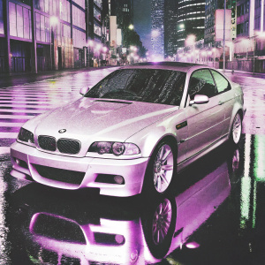 A sleek, silver BMW M3 Coupe, set against a neon-lit cityscape at night.