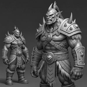 Digital illustration series showcasing Zandalari Dire Trolls from World of Warcraft. Models range in size from smallest to largest, each demonstrating detailed armor and muscular build. Grayscale color scheme emphasizes the fierce facial expressions and intricate designs of their armor.