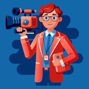 a full body 30 years old reporter holding a photography camera standing and facing the camera wearing a yellow  , full body, vector style, solid white background