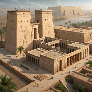 A detailed 3D illustration of an ancient Egyptian temple complex. Dominated by towering beige structures and column-like formations. Set amidst smaller buildings and courtyards, the scene showcases an earthy color palette with prominent brown hues.