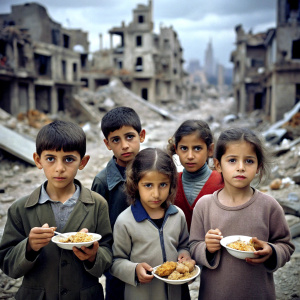 spanish children with sad face in a city destroyed by war searching for food in the rubble