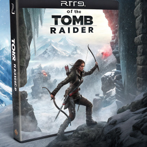 DVD cover for 'Rise of the Tomb Raider' video game. Featuring Lara Croft with a weapon in an icy landscape. Depicts game's action and environments on both sides.