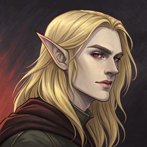 Digital illustration of a youthful male elf. Long blonde hair, pointed ears, pale skin, sharp facial features. Dark background with bold, contrasting colors