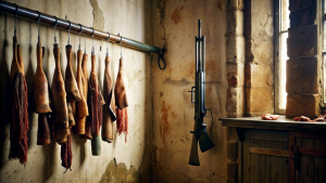 A shotgun hangs on a wall in the butcher's house