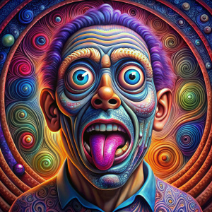 hypnotized man starring, brainwashed, mind controlled, with large cartoon spiral eyes, tongue sticking from his mouth salivating, photo from the neck up, cartoon-styled,