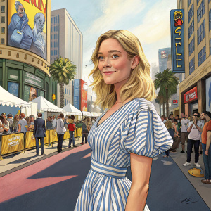 Rachel Keller, with her blonde hair and gentle smile, in a blue and white striped dress. Poses in front of a bustling city street during a Comic-Con event.