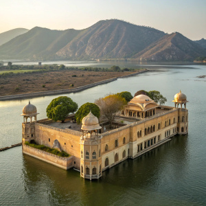 Aerial view of Jal Mahal palace. Located in Man Sagar Lake, Jaipur, Rajasthan, India. Majestic domes and arches with earthy hues. Mountains backdrop, serene waters.