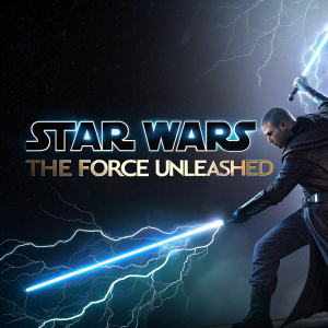 Promotional poster for 'Star Wars: The Force Unleashed'. Dark background, featuring a character with glowing, blue force powers, striking an intense pose. Futuristic aesthetic, stylized text in bold, energetic font, with dramatic visual effects and fractured, lightning-like design.