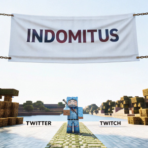 Minecraft style banner for 'Indomitus'. A friendly, cartoon-like Minecraft character in blue attire, holding a weapon, stands against a backdrop of pixelated blocks, water, and structures. Features Twitter and Twitch icons for channel's social media presence.