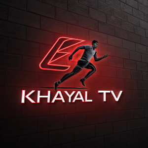 Logo design for Khayal TV featuring vibrant red hues and a dynamic human figure in motion. 'KHAYAL TV' in sleek, modern font beneath the graphic.
