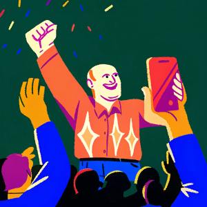 Steve Ballmer, beaming with enthusiasm, amidst a cheering crowd at a tech conference. Vibrant atmosphere, lively celebration