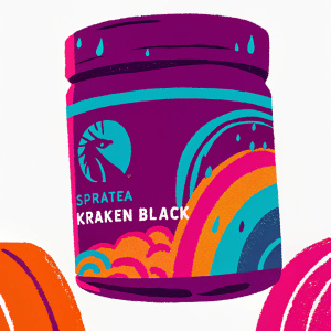 Close-up image of Sparta Nutrition Kraken BLACK supplement container. Black with rainbow candy design. Focus on endurance and energy for fitness enthusiasts.