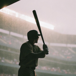 Shin-Soo Choo, baseball player, in intense batting stance. Dramatic blurred background of a stadium crowd
