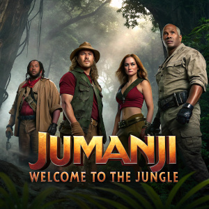 Promotional image for Jumanji: Welcome to the Jungle. A group of diverse characters in adventurous outfits. Text describing the movie's plot and characters.