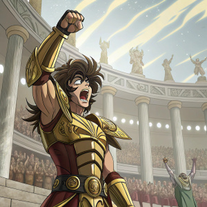 Saint Seiya warrior, fierce and dynamic pose, in grand arena. Surrounded by cheering crowd