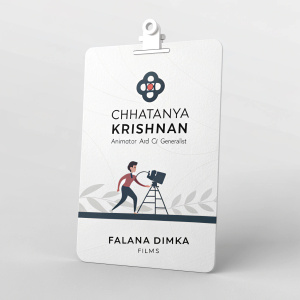 Business card for Chhatanya Krishnan, Animator and CG Generalist at FALANA DIMKA FILMS. Minimalist design with white background, logo, and contact details.