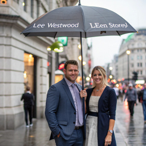 Lee Westwood and Helen Storey standing on a bustling city street under a grey umbrella with a logo.