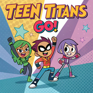 Vector art of animated characters from 'Teen Titans Go!'. Each character uniquely styled and positioned in dynamic poses. Set against a vibrant, geometric patterned backdrop. Title 'Teen Titans Go!' prominently displayed at the top.
