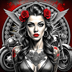 motorcycle club lady tattoo design - perfect realistic art - high-definition - grey and black - white background 