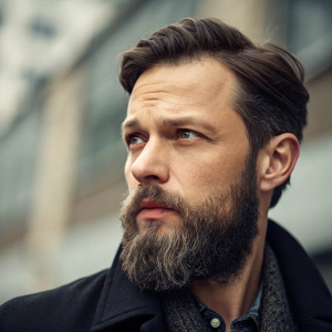 Franz Alexander Dinda, a distinguished german actor, with a well-groomed beard. Intense close-up, blurred background, photo