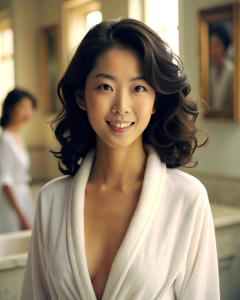 1girl, 25-year-old Korean actress Clara Lee Sung-min, with medium curly brown hair, wearing an open white bathrobe, bathroom: 1.2, collarbone, looking at the audience, ((turbulent)), ((perfect body proportions)), (panoramic view: 1.3 ), beautiful and mature, grinning, deep shadow, Mario Testino style, half body to chest: 1.2, <lora:DetailedEyes_xl_V2:1>, <lora:neg4all_bdsqlsz_xl_V7:1>, (super delicate oval face)), ((long eyelashes Beautiful eyes,((real quality)),((Leica RAW photo)),64k,((fidelit