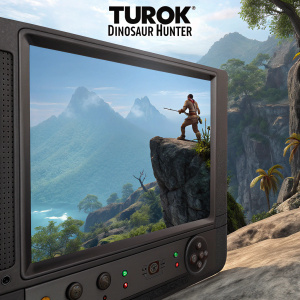 Screenshot from classic video game Turok: Dinosaur Hunter. Rugged cliffside with bluish background. Game interface visible at top of screen.