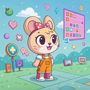 Digital art of Nutaku-tan, a cute cartoon character, standing in a vibrant virtual world filled with colorful game elements and digital assets.