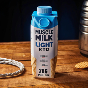 Photorealistic image of Muscle Milk Light RTD bottle. Vanilla Creme flavor, blue and white packaging. 28g protein content highlighted on label.