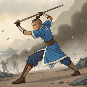 Sokka from Avatar: The Last Airbender, young warrior, in a blue outfit, brown boots, and a fighting pose. Battle scene with smoke and debris in the background.
