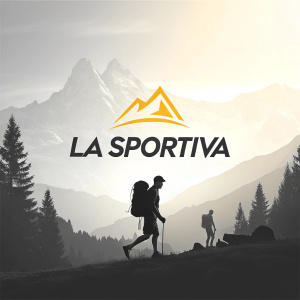 Modern logo design for La Sportiva. The brand's name 'La Sportiva' is displayed in bold, sleek letters. Mountain silhouette in the background