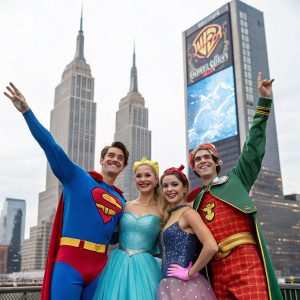 Archie, Veronica, Betty, and Jughead in vibrant costumes, posing cheerfully in front of a skyscraper adorned with a giant billboard.