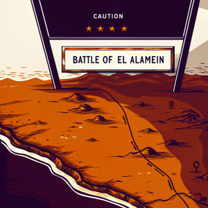 A detailed infographic showcasing the timeline of the Battle of El Alamein. Includes a map of the region, marked with key locations and landmarks. A clear warning sign is prominently featured, advising caution.