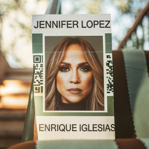 Event ticket for Jennifer Lopez and Enrique Iglesias concert. Features seating map, price information, QR code for entry.