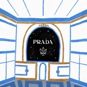 Sophisticated black and yellow wallpaper. Centered Prada logo, minimalist and chic. Contemporary design.