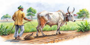 Indian old tradition of crop farming with help of cow detailed pencil sketch in crop field from behind of farmer while farming