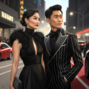 Dianne Doan and Manny Jacinto, both of Asian heritage, at a movie premiere. Dianne in a sleek black dress with a high collar and feather detailing. Manny in a black and white pinstripe suit. They stand confidently on a bustling street with passing cars and bright city lights as background.