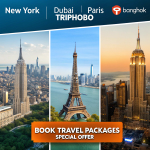 Promotional image for TripHobo featuring vibrant cityscapes of New York, Dubai, Paris, and Bangkok. Invitation to book travel packages with a special offer and utilize TripHobo's itinerary planning tool.