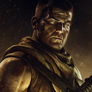 Digital illustration of a muscular male character from Sniper 3: Ghost Warrior. Determined expression, rugged face, realistic skin texture. Dark, moody background, monochromatic palette highlights facial features and intensity.